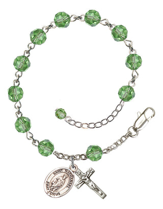 Sterling Silver 6mm Austrian Crystal Saint Nathanael Rosary Bracelet in Peridot Engraved Catholic Saint Jewelry