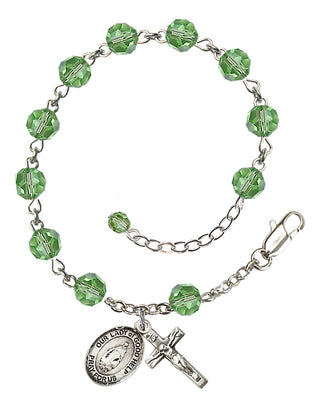 Sterling Silver 6mm Austrian Crystal Our Lady of Good Help Rosary Bracelet in Peridot Engraved Catholic Saint Jewelry
