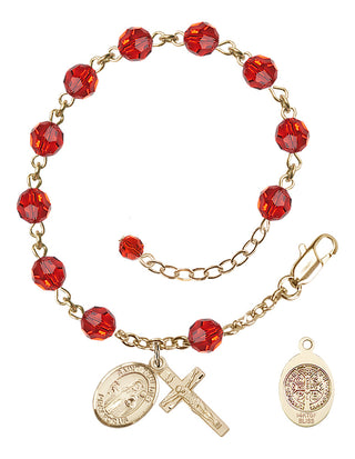 14kt Gold-Filled 6mm Austrian Crystal Saint Benedict Rosary Bracelet in Ruby Engraved Catholic Saint Jewelry