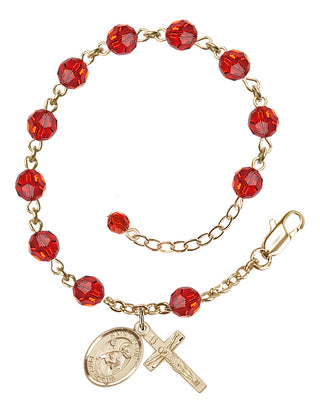 14kt Gold-Filled 6mm Austrian Crystal Saint Kevin Rosary Bracelet in Ruby Engraved Catholic Saint Jewelry