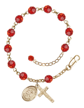14kt Gold-Filled 6mm Austrian Crystal Saint Isaac Jogues Rosary Bracelet in Ruby Engraved Catholic Saint Jewelry