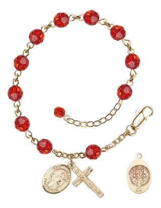14kt Gold 6mm Austrian Crystal Saint Benedict Rosary Bracelet in Ruby Engraved Catholic Saint Jewelry
