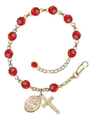 14kt Gold 6mm Austrian Crystal Saint Mark the Evangelist Rosary Bracelet in Ruby Engraved Catholic Saint Jewelry
