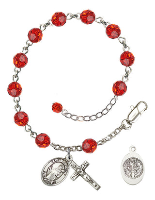 Sterling Silver 6mm Austrian Crystal Saint Benedict Rosary Bracelet in Ruby Engraved Catholic Saint Jewelry