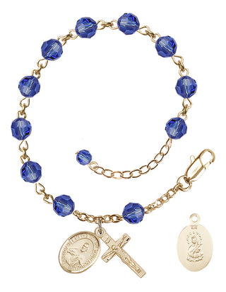 14kt Gold-Filled 6mm Austrian Crystal Scapular Rosary Bracelet in Sapphire Engraved Catholic Saint Jewelry