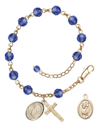 Adjustable 14 Karat Gold-Filled 6mm Austrian Crystal Saint Christopher/Gymnastics Rosary Bracelet in Sapphire