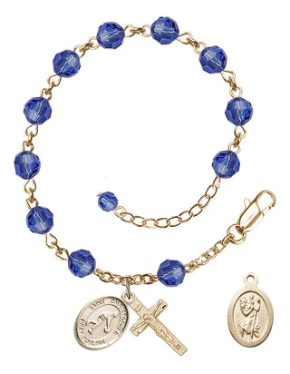 Adjustable 14 Karat Gold-Filled 6mm Austrian Crystal Saint Christopher/Basketball Rosary Bracelet in Sapphire