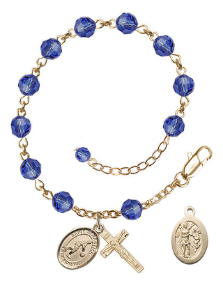 Adjustable 14 Karat Gold-Filled 6mm Austrian Crystal Saint Sebastian/Basketball Rosary Bracelet in Sapphire