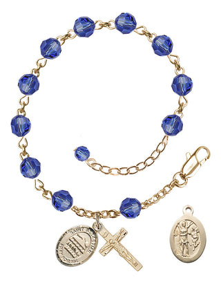 Adjustable 14 Karat Gold-Filled 6mm Austrian Crystal Saint Sebastian/Swimming Rosary Bracelet in Sapphire