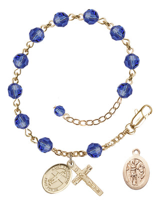 Adjustable 14 Karat Gold-Filled 6mm Austrian Crystal Saint Sebastian / Volleyball Rosary Bracelet in Sapphire