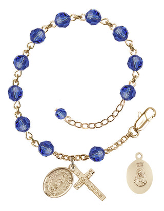 14kt Gold-Filled 6mm Austrian Crystal Our Lady of Guadalupe Rosary Bracelet in Sapphire Engraved Catholic Saint Jewelry