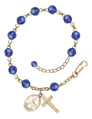 14kt Gold-Filled 6mm Austrian Crystal Bl. Emilee Doultremont Rosary Bracelet in Sapphire Engraved Catholic Saint Jewelry