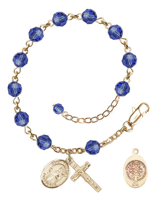 14kt Gold 6mm Austrian Crystal Saint Benedict Rosary Bracelet in Sapphire Engraved Catholic Saint Jewelry
