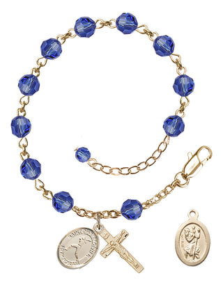 Adjustable 14 Karat Gold 6mm Austrian Crystal Saint Christopher/Softball Rosary Bracelet in Sapphire