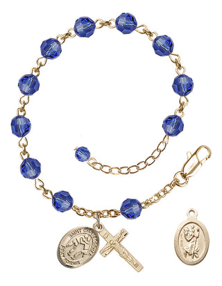 Adjustable 14 Karat Gold 6mm Austrian Crystal Saint Christopher/Wrestling Rosary Bracelet in Sapphire