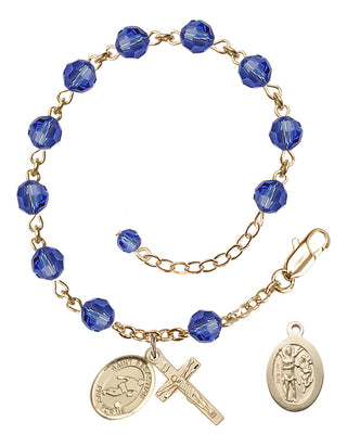 Adjustable 14 Karat Gold 6mm Austrian Crystal Saint Sebastian/Soccer Rosary Bracelet in Sapphire
