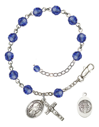 Sterling Silver 6mm Austrian Crystal Saint Benedict Rosary Bracelet in Sapphire Engraved Catholic Saint Jewelry