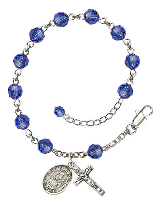 Sterling Silver 6mm Austrian Crystal Our Lady of Loretto Rosary Bracelet in Sapphire Engraved Catholic Saint Jewelry