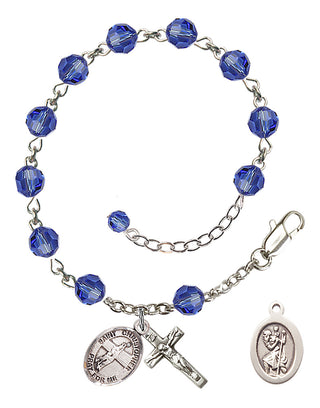 Adjustable Sterling Silver 6mm Austrian Crystal Saint Christopher/Volleyball Rosary Bracelet in Sapphire