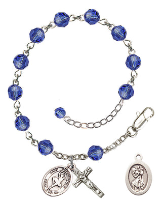 Sterling Silver 6mm Austrian Crystal Saint Christopher/Dance Rosary Bracelet in Sapphire Engraved Catholic Saint Jewelry