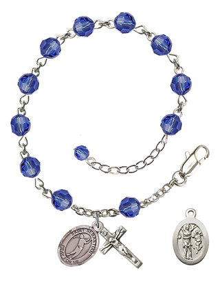 Adjustable Sterling Silver 6mm Austrian Crystal Saint Sebastian/Golf Rosary Bracelet in Sapphire