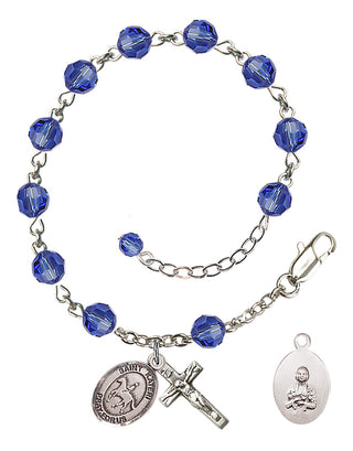 Adjustable Sterling Silver 6mm Austrian Crystal Saint Kateri/Equestrian Rosary Bracelet in Sapphire