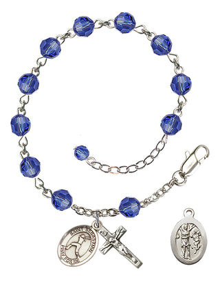 Sterling Silver 6mm Austrian Crystal Saint Sebastian/Softball Rosary Bracelet in Sapphire Engraved Catholic Saint Jewelry