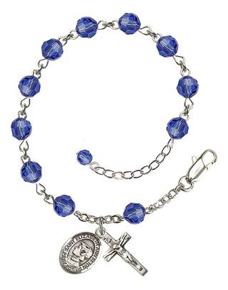 Sterling Silver 6mm Austrian Crystal Saint Elizabeth Ann Seton Rosary Bracelet in Sapphire Engraved Catholic Saint Jewelry