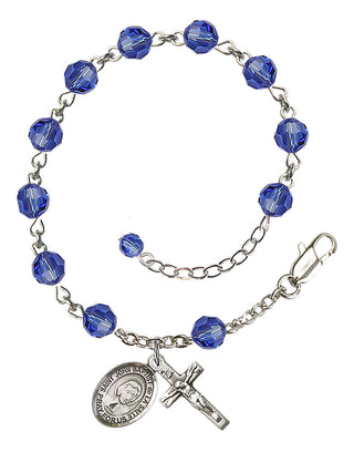 Sterling Silver 6mm Austrian Crystal Saint John Baptist de la Salle Rosary Bracelet in Sapphire Engraved Catholic Saint Jewelry