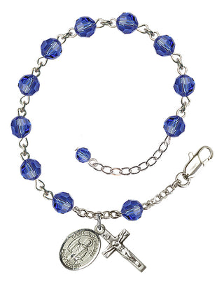 Sterling Silver 6mm Austrian Crystal Saint Wolfgang Rosary Bracelet in Sapphire Engraved Catholic Saint Jewelry