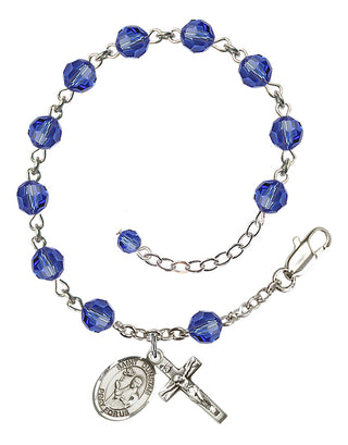 Sterling Silver 6mm Austrian Crystal Saint Dunstan Rosary Bracelet in Sapphire Engraved Catholic Saint Jewelry