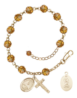 14kt Gold-Filled 6mm Austrian Crystal Scapular Rosary Bracelet in Topaz Engraved Catholic Saint Jewelry