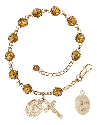 Adjustable 14 Karat Gold-Filled 6mm Austrian Crystal Our Lady of Mount Carmel Rosary Bracelet in Topaz