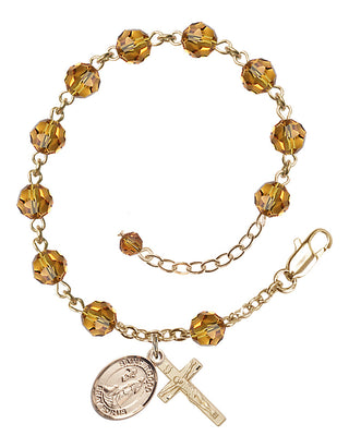 14kt Gold-Filled 6mm Austrian Crystal Saint Rocco Rosary Bracelet in Topaz Engraved Catholic Saint Jewelry