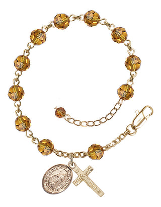 14kt Gold-Filled 6mm Austrian Crystal Saint Raymond of Penafort Rosary Bracelet in Topaz Engraved Catholic Saint Jewelry
