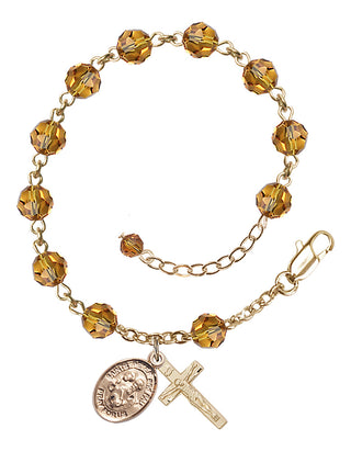 14kt Gold-Filled 6mm Austrian Crystal Saints Peter & Paul Rosary Bracelet in Topaz Engraved Catholic Saint Jewelry