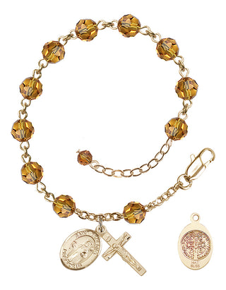 14kt Gold 6mm Austrian Crystal Saint Benedict Rosary Bracelet in Topaz Engraved Catholic Saint Jewelry