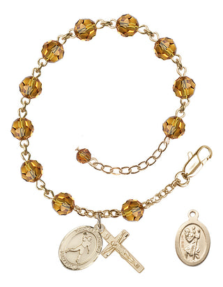 Adjustable 14 Karat Gold 6mm Austrian Crystal Saint Christopher/Football Rosary Bracelet in Topaz