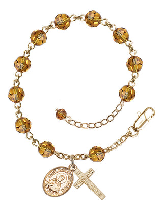 14kt Gold 6mm Austrian Crystal Saint John Chrysostom Rosary Bracelet in Topaz Engraved Catholic Saint Jewelry