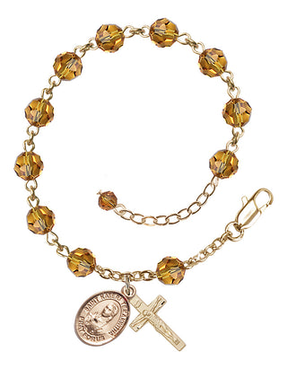 14kt Gold 6mm Austrian Crystal Saint Kateri Tekakwitha Rosary Bracelet in Topaz Engraved Catholic Saint Jewelry