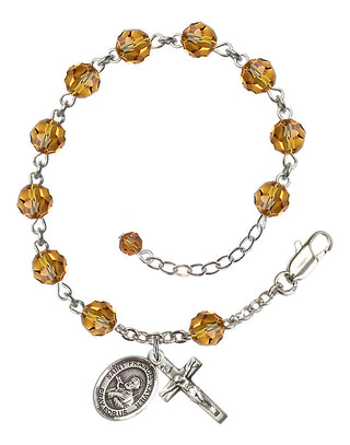 Sterling Silver 6mm Austrian Crystal Saint Francis Xavier Rosary Bracelet in Topaz Engraved Catholic Saint Jewelry