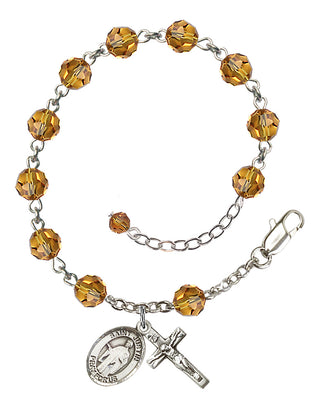 Sterling Silver 6mm Austrian Crystal Saint Justin Rosary Bracelet in Topaz Engraved Catholic Saint Jewelry