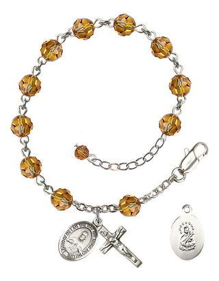 Sterling Silver 6mm Austrian Crystal Scapular Rosary Bracelet in Topaz Engraved Catholic Saint Jewelry