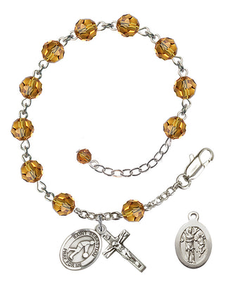 Adjustable Sterling Silver 6mm Austrian Crystal Saint Sebastian/Basketball Rosary Bracelet in Topaz