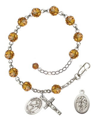 Adjustable Sterling Silver 6mm Austrian Crystal Saint Sebastian/Figure Skating Rosary Bracelet in Topaz