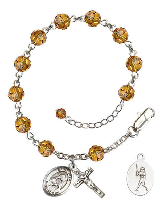 Adjustable Sterling Silver 6mm Austrian Crystal Saint Rita / Baseball Rosary Bracelet in Topaz