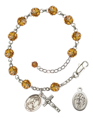 Sterling Silver 6mm Austrian Crystal Saint Sebastian/Softball Rosary Bracelet in Topaz Engraved Catholic Saint Jewelry