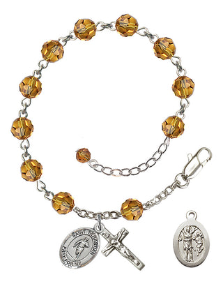 Adjustable Sterling Silver 6mm Austrian Crystal Saint Sebastian / Rugby Rosary Bracelet in Topaz