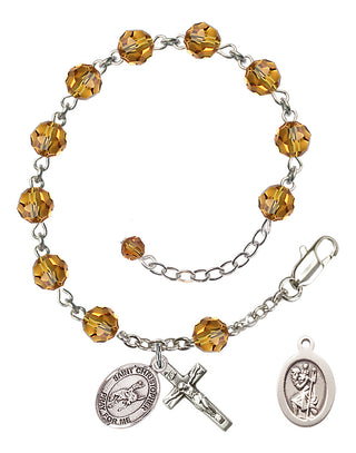 Adjustable Sterling Silver 6mm Austrian Crystal Saint Christopher / Rodeo Rosary Bracelet in Topaz