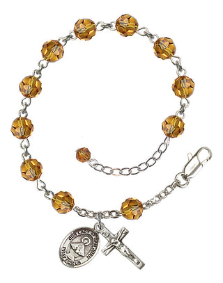 Sterling Silver 6mm Austrian Crystal Our Lady of San Juan Rosary Bracelet in Topaz Engraved Catholic Saint Jewelry